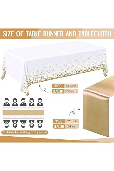 Aissiora Plastic Tablecloths and Satin Table Runner Set White and Gold Dot Ta...