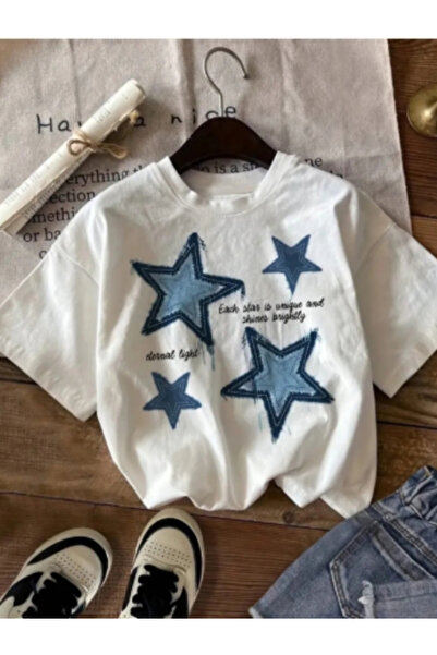 SAJA Kadın/Kız Yıldız Baskılı Oversize Düşük Kol Bisiklet Yaka T-Shirt