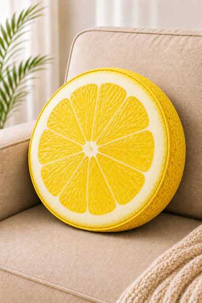 Modena Limon Dilimi Meyve Desenli Dekoratif Yuvarlak Kırlent Yastık 40 cm Dol...