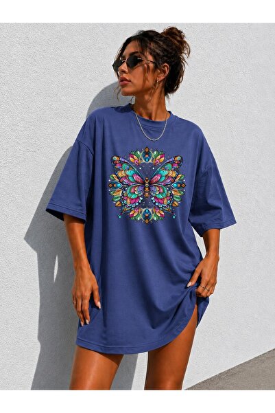 classy moda Γυναικείο μπλουζάκι Oversize με στάμπα πεταλούδας και μάνταλα