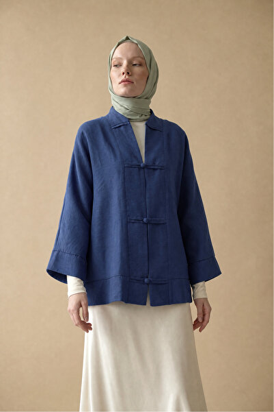 LENFORA V Yaka Organze Vual Biye Düğmeli Oversize Kimono -Lacivert