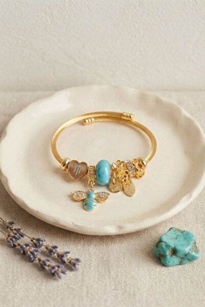 norsary Heart and Bee Model Blue Charm Bracelet