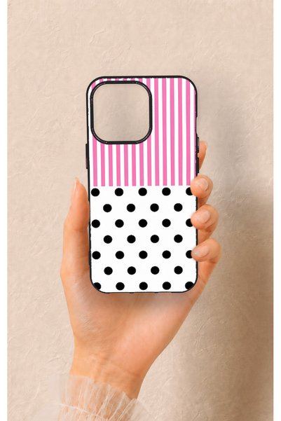 Vip Case iPhone 13 Pro Compatible Pink Striped Polka Dot Patterned Silicone Case