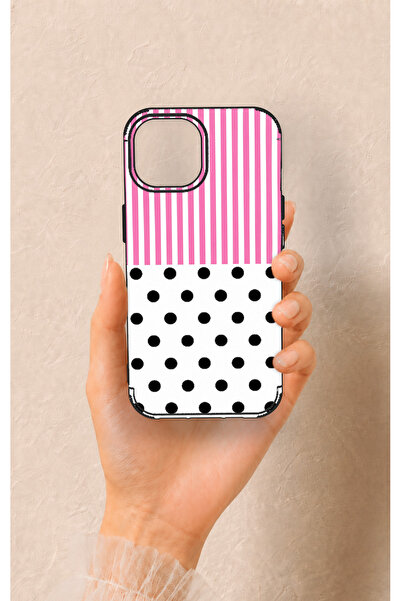 Vip Case iPhone 15 Uyumlu Pembe Çizgili Puantiye Desenli Silikon Kılıf
