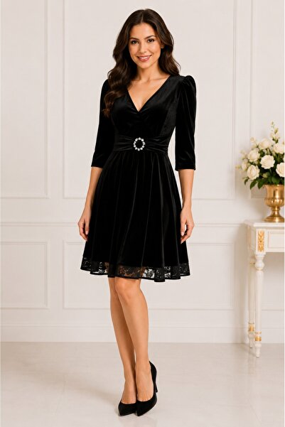 OEM Rochie Mara din catifea cu insertii de dantela,neagra