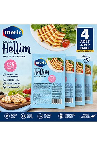 MERİÇ Az Tuzlu Hellim Peyniri 4’lü Paket (225 g x 4) – Toplam 900 g