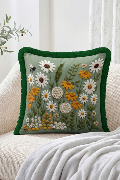 Realhomes Daisy and Yellow Floral Embroidery Look Patterned Fringed Throw Pil...