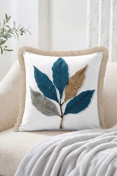 Realhomes Embossed Leaf Applique Motif Fringed Throw Pillow Cover Modern Deco...