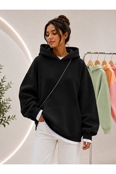 MOONBULL Kadın 3 İplik Şardonlu Kanguru Cepli Kapüşonlu Sweatshirt