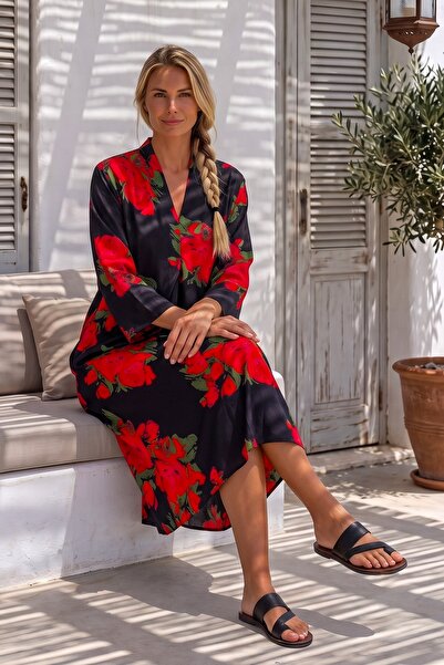 Chiccy Black-Red V-Neck 3/4 Sleeve Hidden Pocket Pleated Floral Printed Casua...