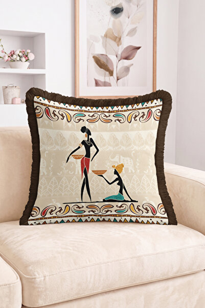 Realhomes African Woman and Kneeling Figure Ethnic Border Pattern Fringed Thr...