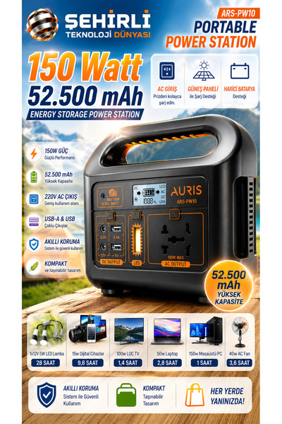 Auris GÜÇ İSTASYONU PRİZ GİRİŞLİ TYPC-E GİRİŞLİ GÜNEŞ PANEL UYUMLU