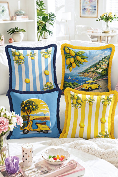 Realhomes Set of 4 Fringed Throw Pillow Covers with Lemon Pattern, Stripes an...