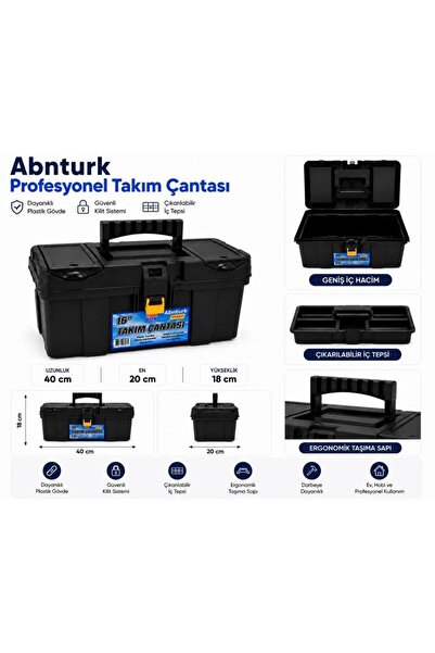 abnturk 16'' Sağlam Plastik Kilitli İç Tepsili Profesyonel Takım Çantası-Daya...