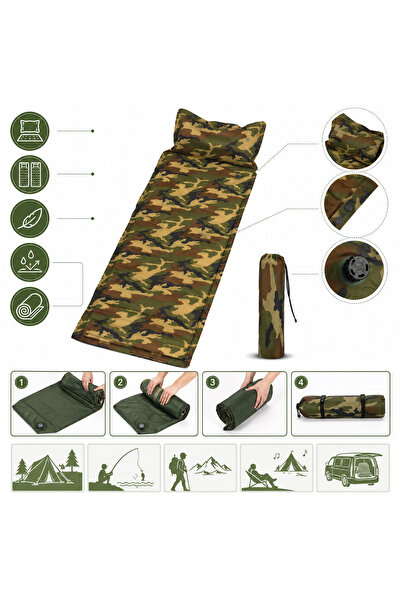 Generic Brand Saltea gonflabila camping cu perna integrata, 180 x 60 cm, army