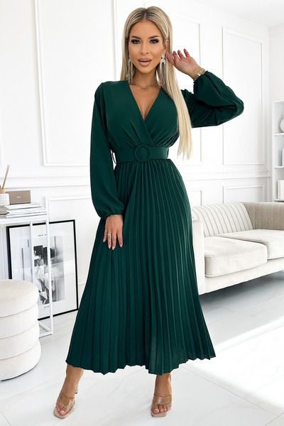 Numoco Rochie midi plisată cu decolteu, mânecă lungă și cordon lat - VERDE ST...
