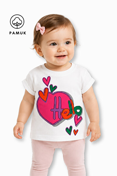 HK HOPKİDS تي شيرت صيفي للفتيات الصغيرات بأكمام قصيرة وطبعة Hello Heart