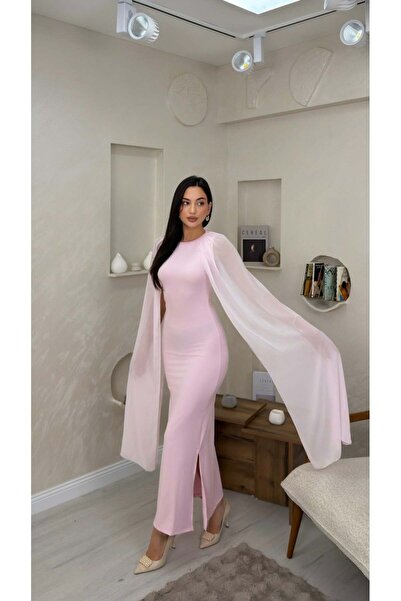 miraylawear VİOLET PEMBE RENKLİ TÜL PELERİN DETAYLI KADIN MAXİ ELBİSE