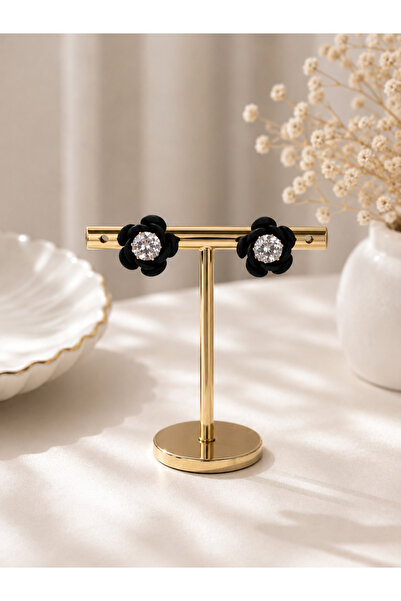 Lilith Takı Black Flower Figured Zircon Stone Earrings – Minimalist Stylish D...
