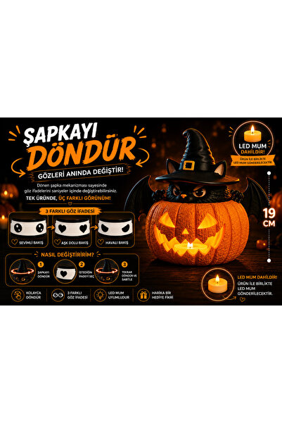 Genel Markalar Işıklı Cadı Şapkalı Kedi Balkabağı Dekor Lamba (19 cm) – LED M...