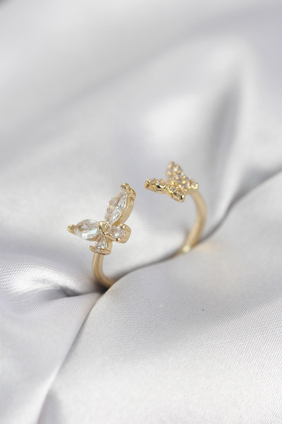 Bezos Butterfly Model Zircon Stone Gold Color Women's Ring
