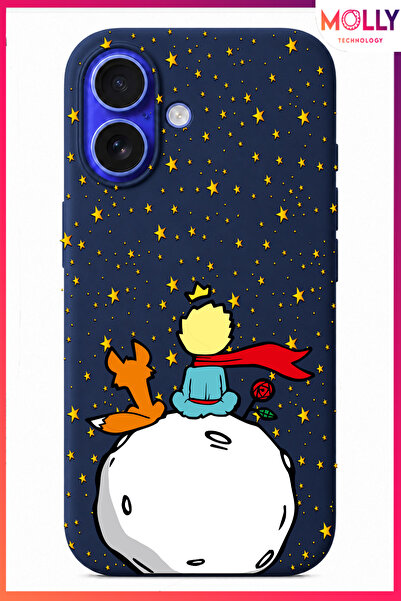 Molly iPhone 16 İçin Gece Mavisi Küçük Prens Desenli İçi Kadife Silikon Kılıf