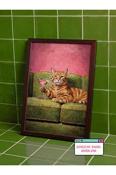 esnipix Kokteyl Tutan Kedi Poster Eğlenceli Kedi Duvar Dekoru Vintage Yağlı B...