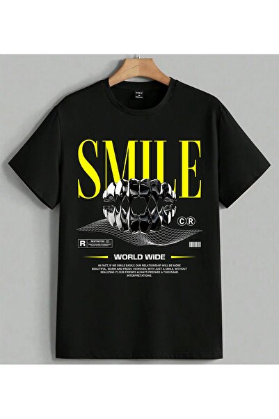 ELFERA Smile Sari Dis D World Wide Printed Unisex Oversize T-Shirt Black