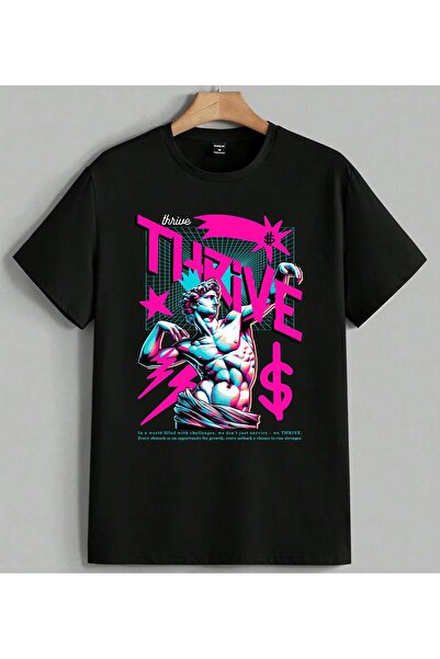 ELFERA Μπλουζάκι Thrive Motivational Heykelse με στάμπα Unisex Oversize Μαύρο