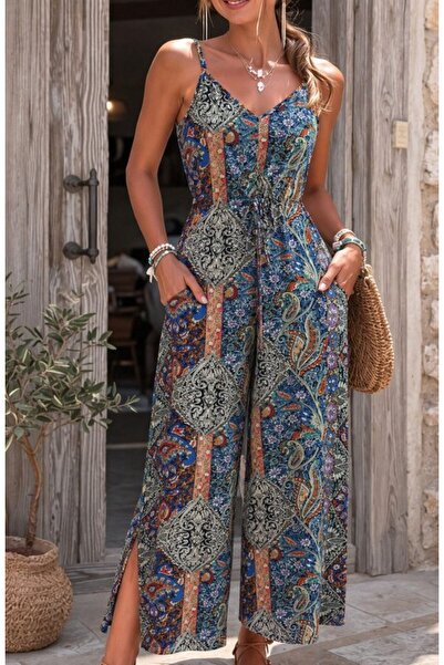 modi Women's Rope Strap V-Neck Pocket Detailed Patterned Long Single Jersey J...