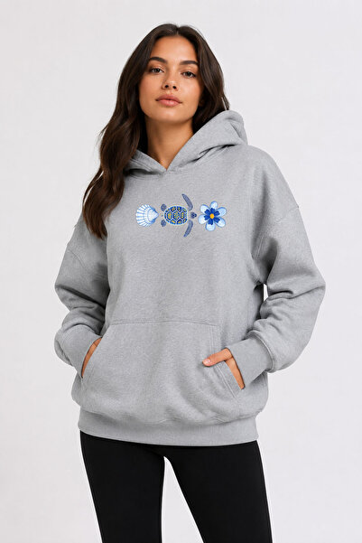 herkesemoda Sea Themed Turtle Printed Hooded 2 Thread Threaded Sweatshirt