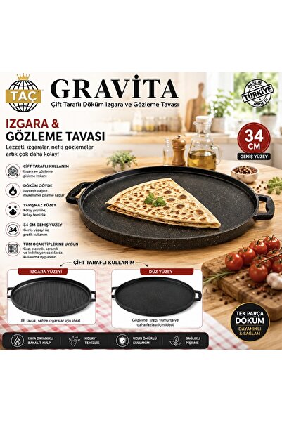 Hazal Gravita 34 Cm Çift Taraflı Döküm Izagara ve Gözleme Tavası Taç