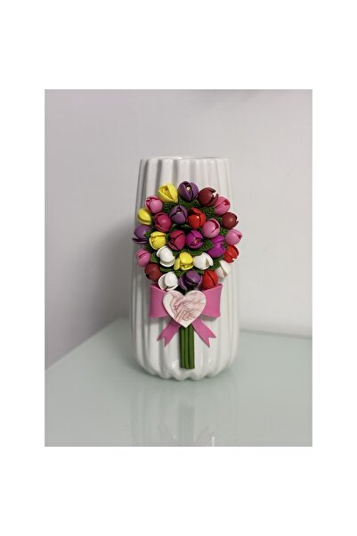 OEM Vază ceramică decorată manual cu lalele multicolore și un inimă cu 4 membri de familie - Cadouri Zeny Dolls - Cadou personalizat - 19 cm