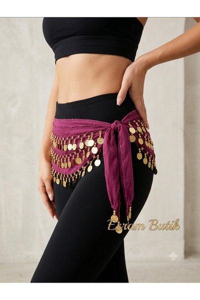 Esram Butik Fuşya Şakira Kemeri, Gold Detaylı Oryantal Dansöz Kemeri Pullu Zi...