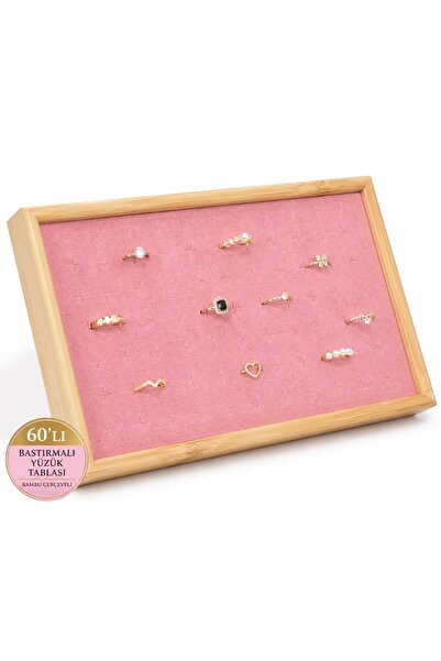 Doreka 60’lı Bastırmalı Yüzük Tablası – Bambu Çerçeveli Pembe Kadife 20x30cm