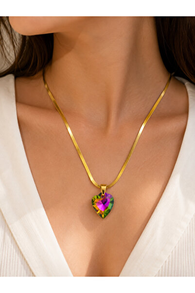 Bymiel Women's Gold Snake Chain Color-Shift Crystal Heart Pendant – 316L Stai...