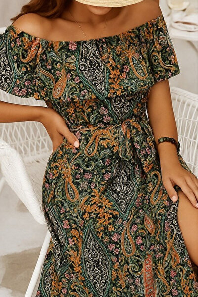Veraura Lifestyle Women's Short Sleeve Madonna Collar Ruffled Waist Slit Maxi...
