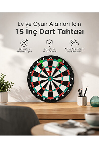 teknodayım 15 Inch Large Dart Board Home Game Set with 4 Metal Tip Darts