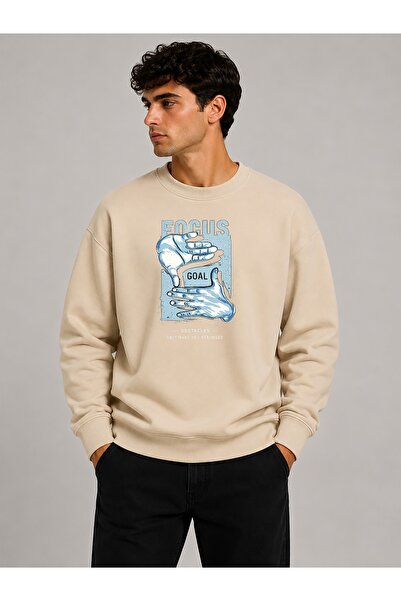 herkesemoda Focus Print Detailed Crew Neck 2 Thread Sweatshirt