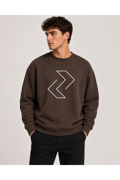 herkesemoda Directional Signs Pattern Printed Crew Neck Ribbed 2 Thread Sweat...