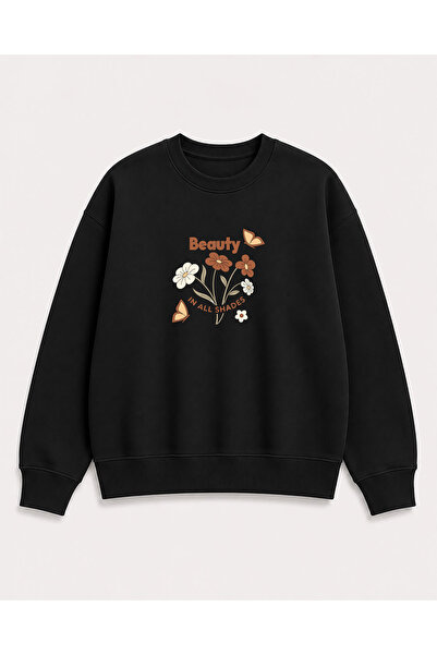 herkesemoda Beauty Print Detailed Crew Neck 2 Thread Sweatshirt