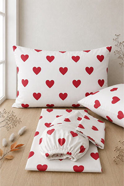 mihriban King Size Elastic Sheet Set with Heart Pattern 180X200 cm