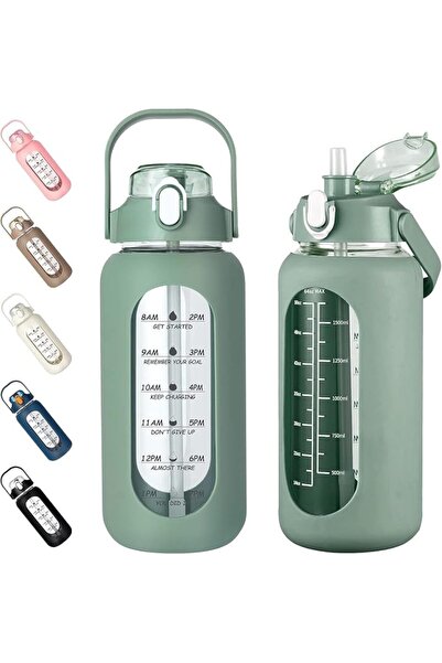 GENERAL 64oz Glass Water Bottles with Straw, Half Gallon Motivational Glass B...