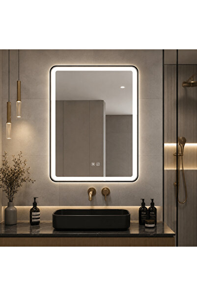 shark design Oglindă dreptunghiulară LED 70×90 cm, cu ramă neagră, funcție an...