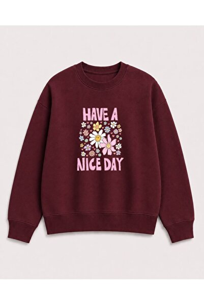 herkesemoda Emoji Flowers Printed 2 Thread Threaded Crew Neck Sweatshirt