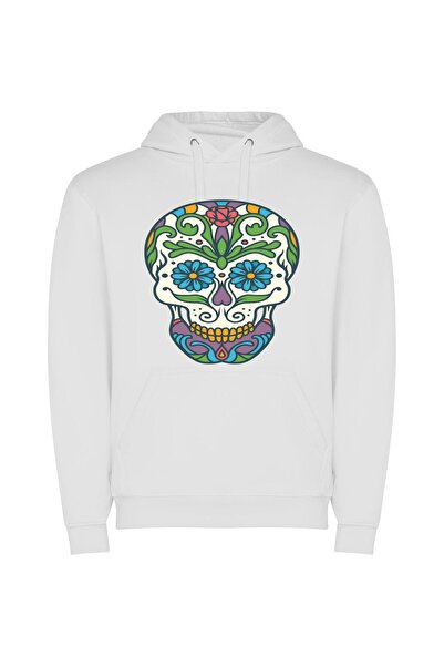 iLovePrints Colorful Dia De Muertos Φούτερ με κουκούλα σε χρώμα Λευκό