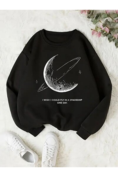 herkesemoda Moon Printed Black 2 Thread Raster Crew Neck Sweatshirt