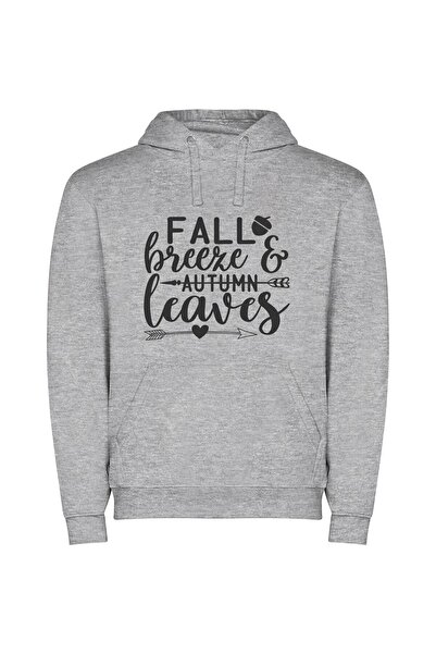 iLovePrints Stylish Autumn Leaf Print Φούτερ με κουκούλα σε χρώμα Γκρι