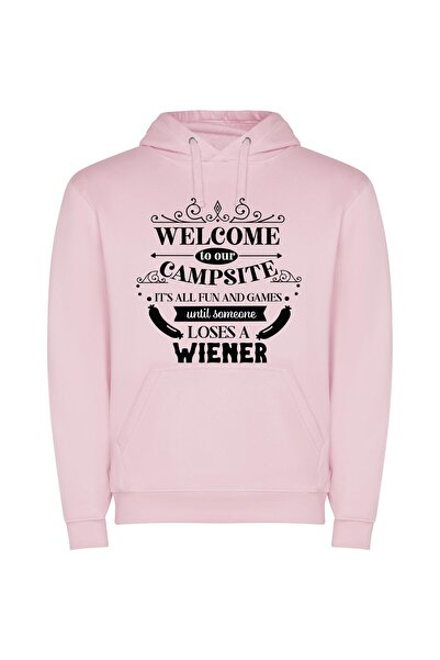 iLovePrints Wiener-Loss Campsite Adventure Φούτερ με κουκούλα σε χρώμα Ροζ