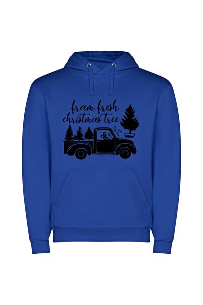 iLovePrints Printed Truck with Christmas Tree Φούτερ με κουκούλα σε χρώμα Μπλε